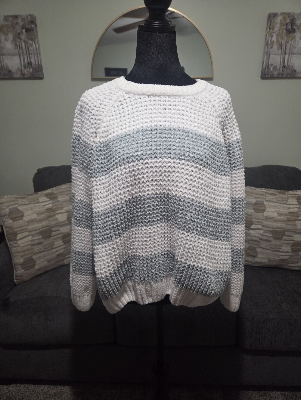 BearPaw Striped Crewneck Sweater in White and Light Gray